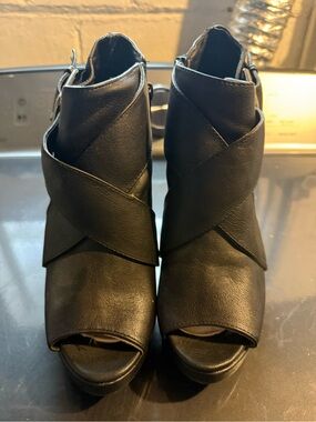 Pink & Pepper Black Peep-Toe Crisscross Ankle Booties